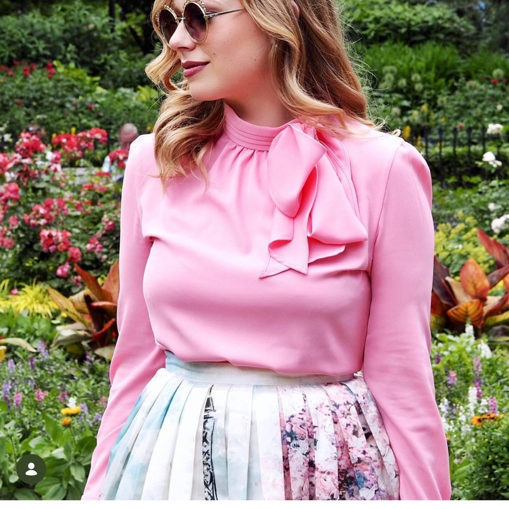 Pink Long-Sleeve Bow Neck Blouse